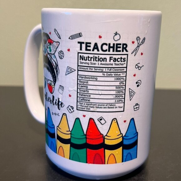 #TEACHERLIFE Teacher Nutrition Facts / Postives Attributes Ceramic Mug ~ School - Picture 2 of 8